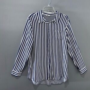 Jane + Delancey Striped Shirt Womens XL Blue White Long Sleeve Roll Tab Preppy